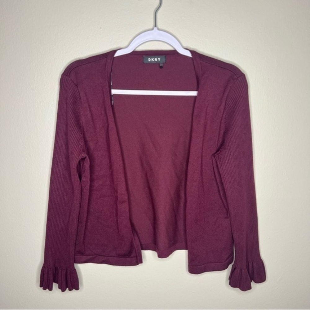 DKNY Open Front‎ Ribbed Ruffle Cropped Sleeve Cardigan